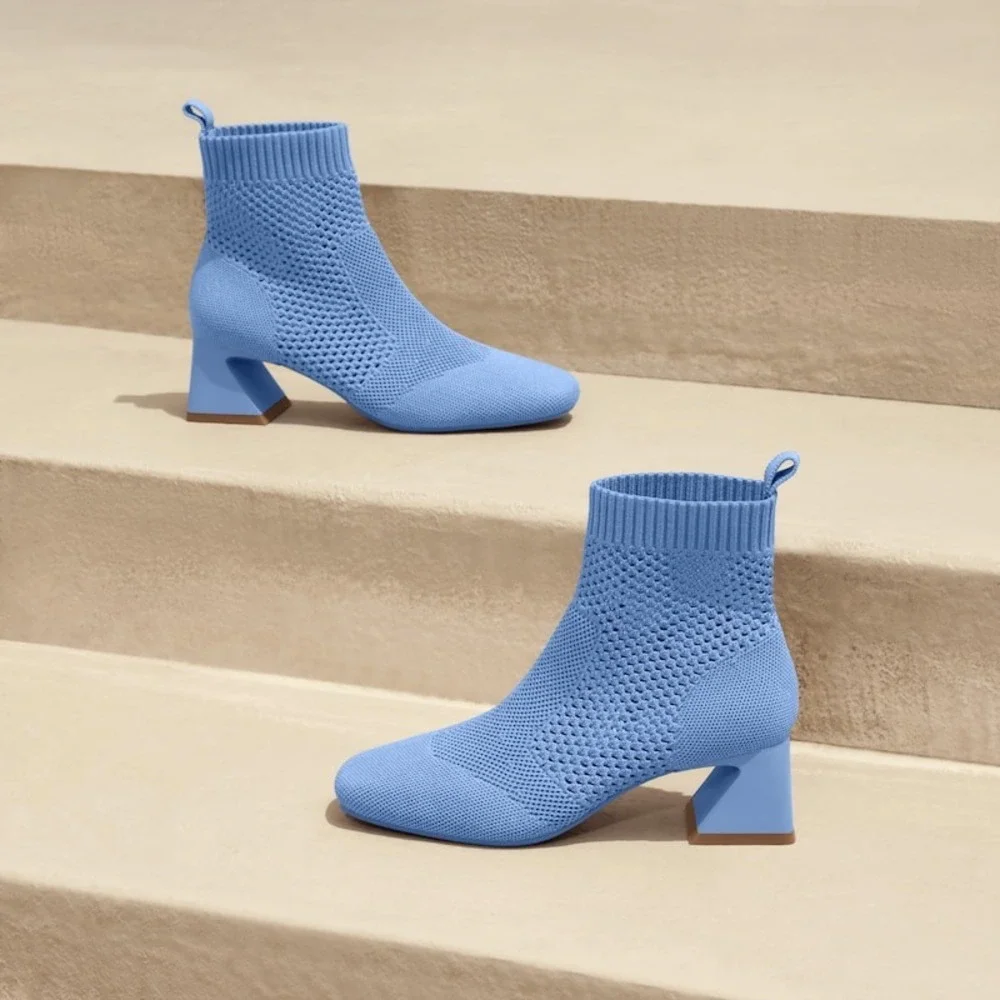 VIVAIA Square Toe Heeled Ankle Boots with‎ Perforated Design Blue EU/35 US/5 - Picture 6 of 14